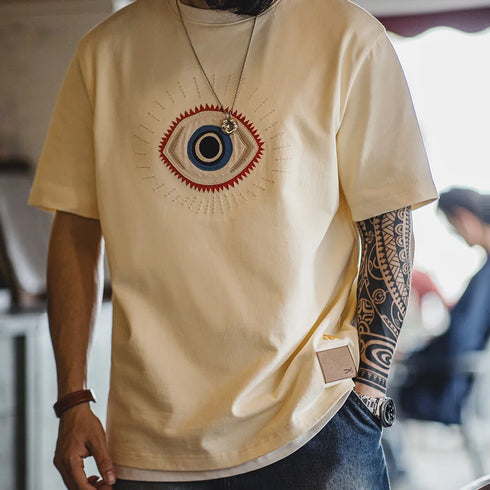 Retro Guardian Eye Embroidered T-Shirt – Men’s 300g Heavy Cotton Summer Tee